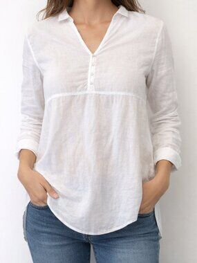 Sigrid Olsen Linen Tunic Top Womens Medium White Roll Tab Sleeve